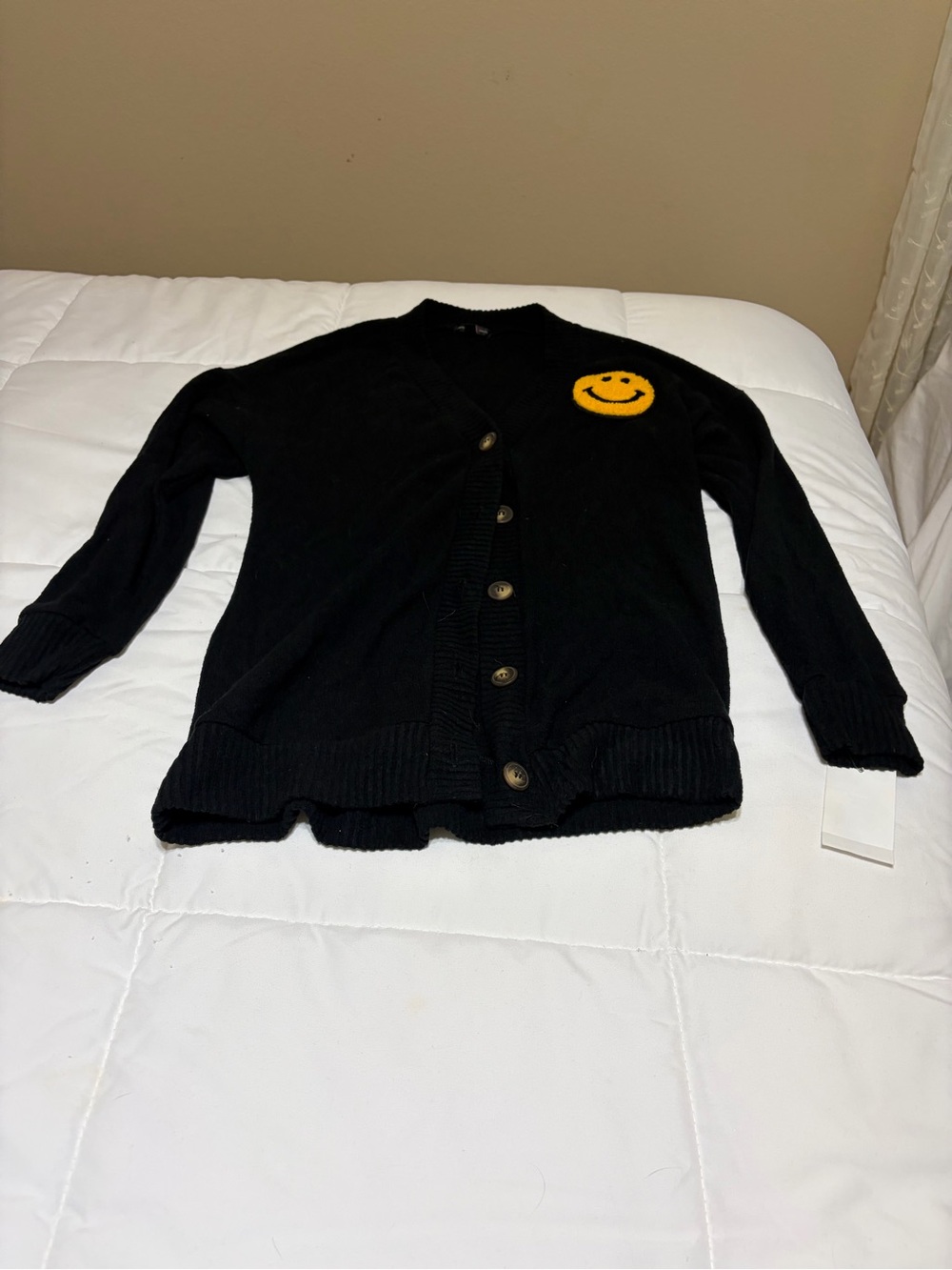 MCM Black Cardigan with Yellow Smiley Patch